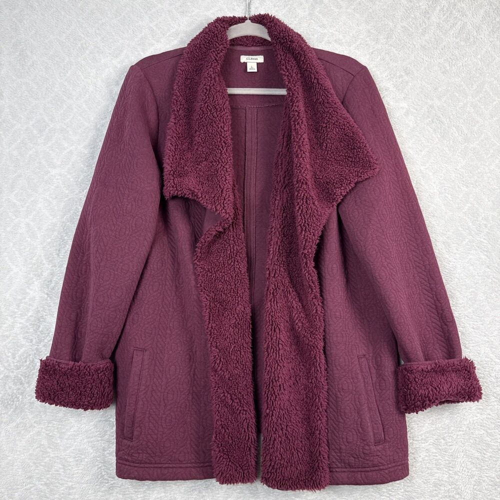 LL Bean Sherpa Trim Jacket Womens Large Mauve Quilted Open Front Cozy Casual